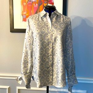 Theory NWT silk Water Lily Twill blouse with tie-detail cuffs, blue multi size S